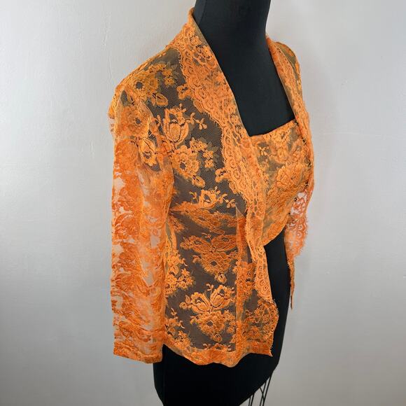 VINTAGE Orange Sheer Lace Scalloped Edge Long Sleeve Bandeau w/ Attached Jacket - Picture 3 of 6